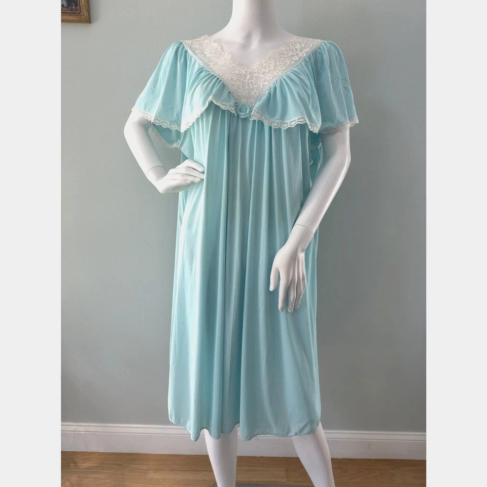 NWD Vintage Blue Nylon Lace Nightgown Romantic Nightdress One Size  - Image 1 of 4