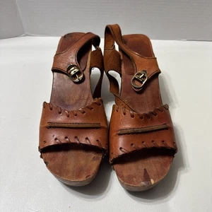 Vintage Funtans Leather Wooden Clog Strappy Sandals Brown 70’s 10B Hippy Boho - Picture 1 of 20