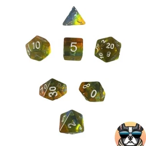 7 PC Polyhedral Dice Set DND RPG- Amber/Green/Yellow/Blue w/ White No.'s- Pouch - Picture 1 of 5
