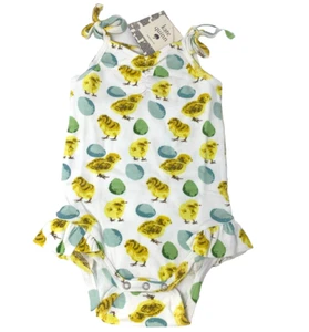 NWT Kate Quinn Girls 12-18 Months Chicks and Eggs Organic Ruffle Leg Romper - Picture 1 of 9