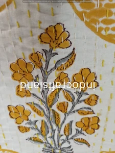 Indian Hand Block Print Cotton Kantha Quilt Blanket Bedspread Throw Double Size - Picture 1 of 5
