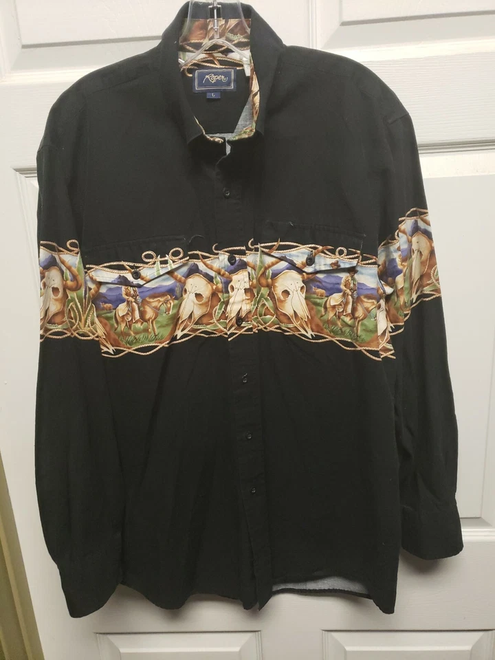 Camisa De Colección Roper Western Hombres Talla L Negra Beige Púrpura Verde Vaqueros Caballos Calavera Foto 1 de 1
