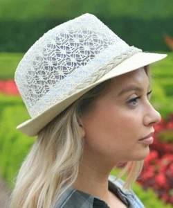 Ladies Sun Hat Trilby Panama Fedora Straw Womens white Brown Beige Size NEW UV - Picture 1 of 11