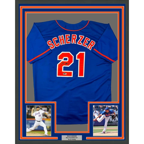 Framed Facsimile Autographed Max Scherzer 33x42 Blue Reprint Laser Auto Jersey Cover