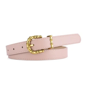 Women Solid Metal Gold Round Buckle Faux Leather Slim Belt Dress Jeans Waistband - Picture 1 of 13