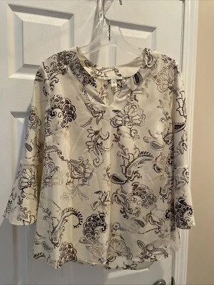 Blusa Dana Buchman Mujer Talla S Beige Estampado Marrón Manga 3/4 Preciosa Foto 1 de 3