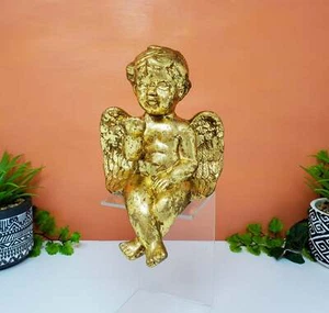 Gold Leaf Angel Cherub | Gold Paper Mache Baby Angel Mantel Statue Decor 7" Tall - Picture 1 of 10