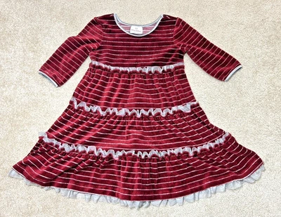 Vestido Hanna Andersson Rojo Gris Brillante Rayas Volantes Talla  4T / 100 Navidad Foto 1 de 4