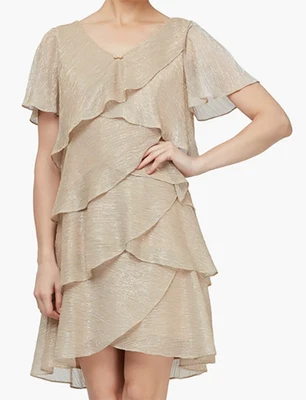 NUEVO CON ETIQUETAS SL FASHIONS Vestido Adornado Cuello en V Manga Corta Nivel Brillante, Dorado, Talla 16 Foto 1 de 4