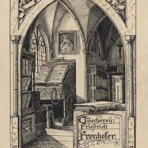 Exlibris Zeichnung Tinte Bücherei Fronhofer Symbolismus Orig monogrammiert 1905 - Bild 1 von 3
