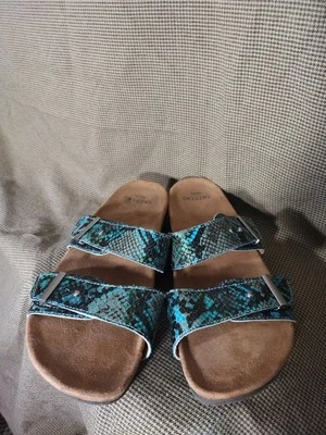 Sandalias Deslizables Talla 10W Earth Origins Cuero Doble Banda Orra Verde Azulado Multi Escalas Foto 1 de 4