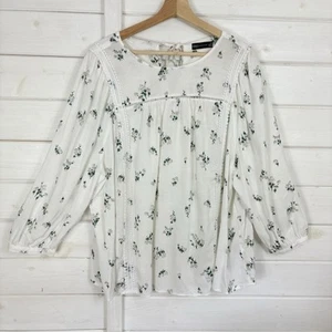 M&S Top Womens Size UK 22 Ivory Linen Blend Floral Blouse Balloon Sleeve Summer - Picture 1 of 12