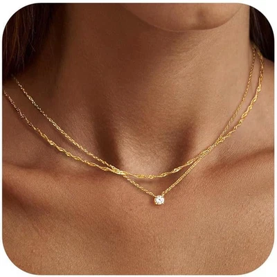 Tewiky Delicados Collares para Mujer Chapados en Oro 14k/Plata Circonita Cúbica, Sencillos  Foto 1 de 4