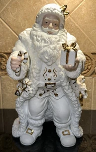 White & Gold Ceramic Santa W/Present Christmas Figure About 11" Vintage - Picture 1 of 8