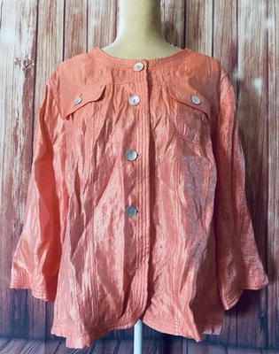 Women’s 22W Jacket Ruby Rd Coral Lightweight 3/4 Sleeves Button Down Shiny  - Image 1 of 4
