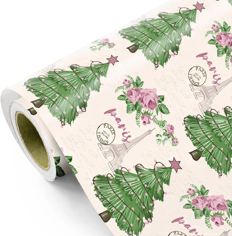 Papel de envolver Navidad París - Mini rollo - 17 pulgadas X 16,5 pies - Rosa Navidad Foto 1 de 4