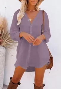 Women's Shirt Dress button down Cover Up 100% cotton Swimsuit Beach purple M - Picture 1 of 9