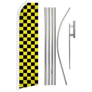 Yellow & Black Checkered Swooper Flutter Advertising Auto Flag & Pole Kit - Picture 1 of 9