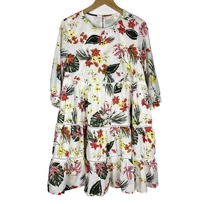 Wayward фантазии на eShakti белый хлопок ладони цветочный ярусный платье карманы 1 X-18 Вт - Изображение 1 из 4