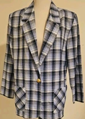 Chaqueta Blazer Deportiva Amanda De Colección Años 90 Para Mujer M Cuadros Preppy Cuadrada Azul Negro Gris Foto 1 de 4