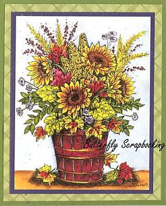 FALL LEAVES & SUNFLOWER BASKET Wood Mounted Rubber Stamp NORTHWOODS P10095 New