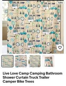 Live Love Camp Camping Bathroom Shower Curtain Truck Trailer Camper Bike Trees - Picture 1 of 1