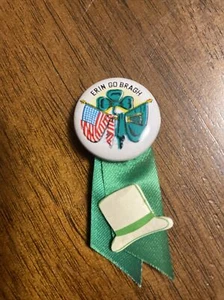 VINTAGE PIN BACK "ERIN GO BRAGH" IRISH ALLEGIANCE PIN US & IRISH FLAGS SHAMROCK - Picture 1 of 13