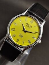 Vintage Seiko Slim Quartz Wrist Watch Silver Japan Made Roman Yellow Dial
