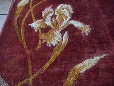 Antique French Iris Floral Embroidered Velvet Fabric Panel ~Burnt Rust Red Ochre