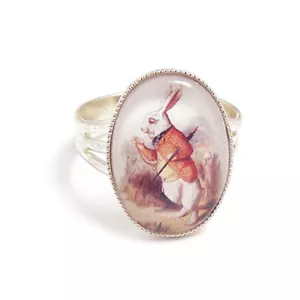 The white rabbit ring alice in wonderland I'M LATE silver fairytale adjustable  - Picture 1 of 4