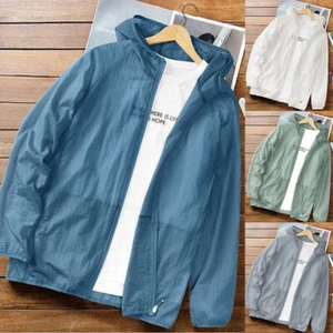 Men UPF 50+ Hooded Coat Anti UV Ultra-thin Sun Protection Ice Silk Jacket - Picture 1 of 20