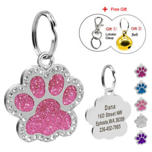 Personalised Dog Tags Disc Disk Rhinestones Engraved Pet ID Name Tag Paw Glitter