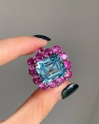 2.00Ct Emerald Lab Created Aquamarine Halo Engagement Ring 14K White Gold Plated - Изображение 1 из 4