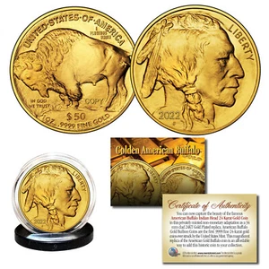 2022 24K Gold Plated $50 AMERICAN GOLD BUFFALO Indian Head TRIBUTE Coin *NEU* - Bild 1 von 3