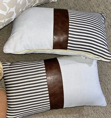 2 Farmhouse Stripe Patchwork Linen Throw Lumbar Pillow Covers 20x12” - Image 1 of 4