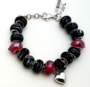 New Sterling Silver 925 Murano Glass Black & Red Heart Charm Beads Bracelet 7.5' - Picture 1 of 9