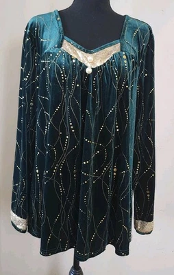 Camisa Top Lentejuelas Sin Marca Para Mujer XL Verde Oscuro Dorado Terciopelo Adornado Vacaciones Foto 1 de 4