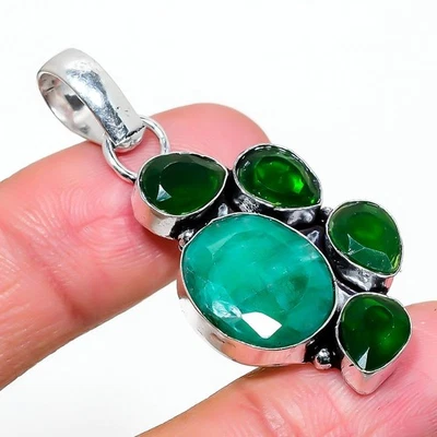 Emerald(Simulated) Diopside Gemstone Handmade Gift Jewelry Pendant 1.89" F701 - Image 1 of 3