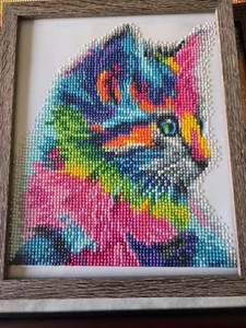 Completed Diamond Painting - colorful cat. In brown barnwood frame. 11" x 9" - Picture 1 of 1