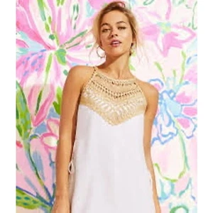 Lily Pulitzer Pearl Soft Shift White Mini Dress Gold Embroidered Halter Sz 00 - Picture 1 of 15