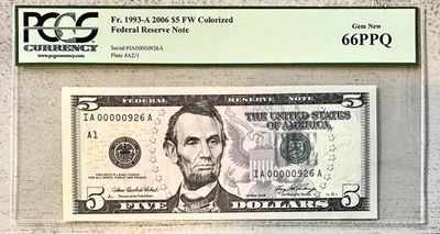 Billete de 5 USD Reserva Federal 2006 graduación profesional CU66 PPQ número de serie bajo I A00000926 A Foto 1 de 2