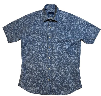 David Donahue Mens M Blue Button Up Short Sleeve Blue Linen/Cotton Shirt - Image 1 of 4