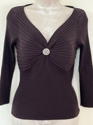 Votre Nom Women's Brown Stretch Ribbed Silk Spandex Top Rhinestone Accent Sz L Foto 1 de 4