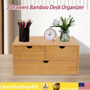 Bambus Schreibtisch Organizer-Tischplatte Mini Bambus Schreibtisch Schublade Aufbewahrungsbox mit 3 Schubladen - Bild 1 von 9
