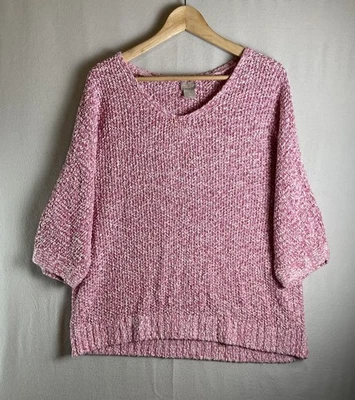 Suéter Chico’s 3 Rosa Cuello en V Manga Dolman Cinta Hilo Mezcla Algodón Lino Mujeres Foto 1 de 4