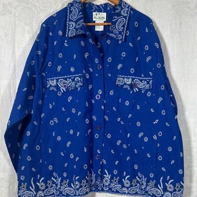 Quacker Factory Jacket 2X Blue Bandana Print Beaded Rhinestone Detail Vintage - Image 1 of 4