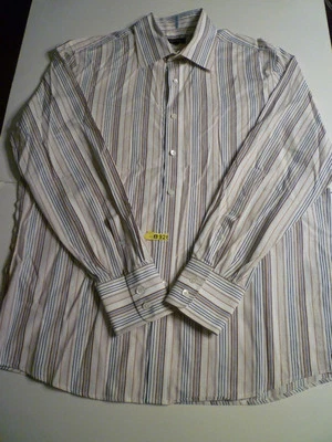 DKNY White w/ Mutli-Tonal Brown Stripes Button Down Shirt, XL - Image 1 of 4