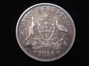 Australian 1914 Shilling Sterling Silver Coin KGV Full Advance Australia (SA07) - Foto 1 di 2