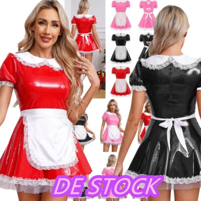 DE~Damen Kostüm Latex Dienstmädchen Lack Maid Kleid Französisches Magd Uniform - Bild 1 von 4