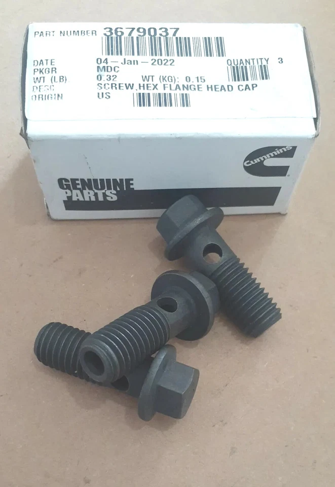(3) Genuine CUMMINS Hex Flange Head Cap Screws for Piston cooling Jets 3679037